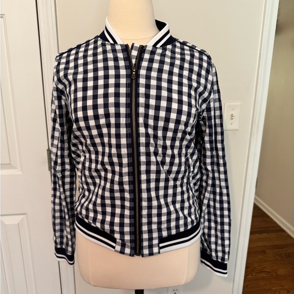 Gingham Navy and White Zip-Up Jacket